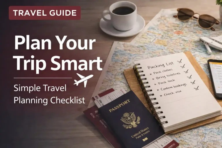 Simple Travel Checklist That Actually Works! Travel planning checklist workspace with laptop, map, passport and notebook showing step by step trip planning guide
