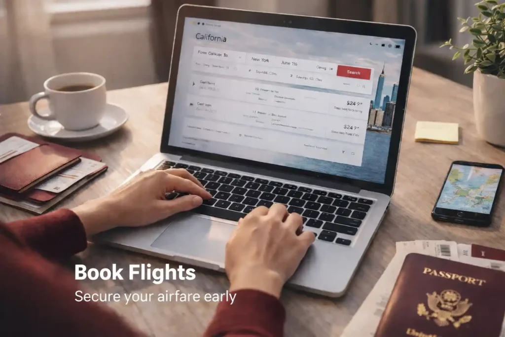 trip planning checklist - book flights laptop passport and booking screen