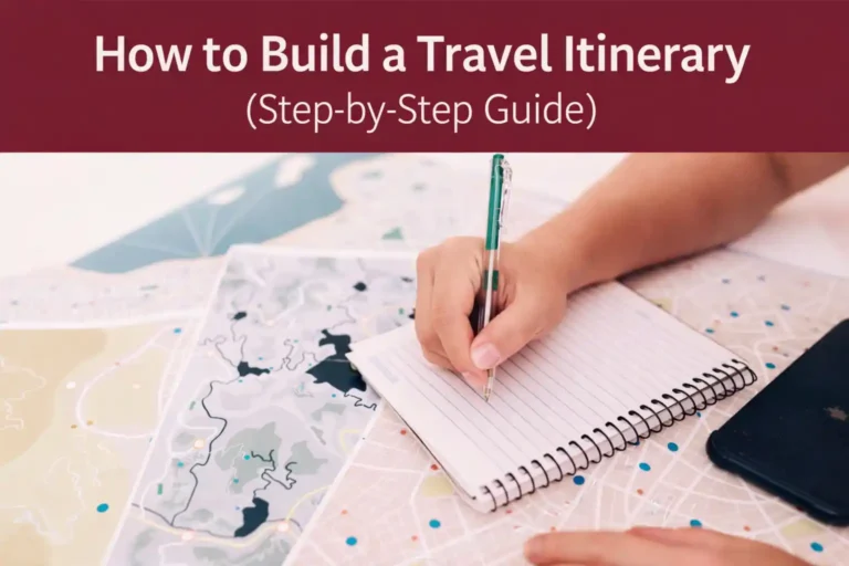 How to Build a Travel Itinerary (Step-by-Step Guide That Actually Works) person planning travel itinerary on map with notebook step by step guide