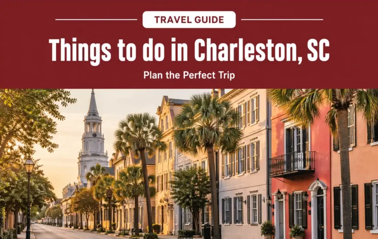 Things to Do in Charleston SC: Plan the Perfect Trip Things to do in Charleston SC travel guide banner with historic Charleston street, palm trees, and church steeple