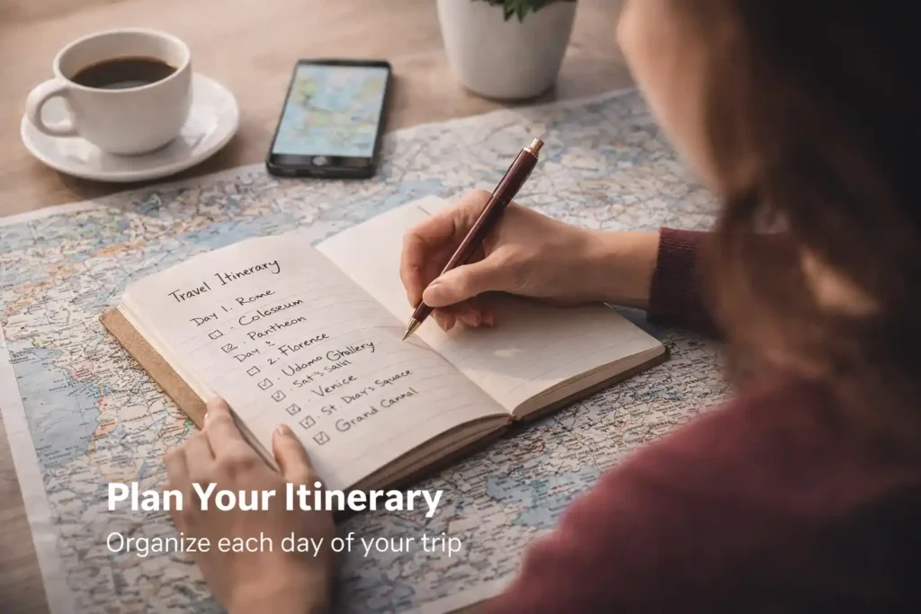 Plan itinerary notebook map and daily trip plan setup