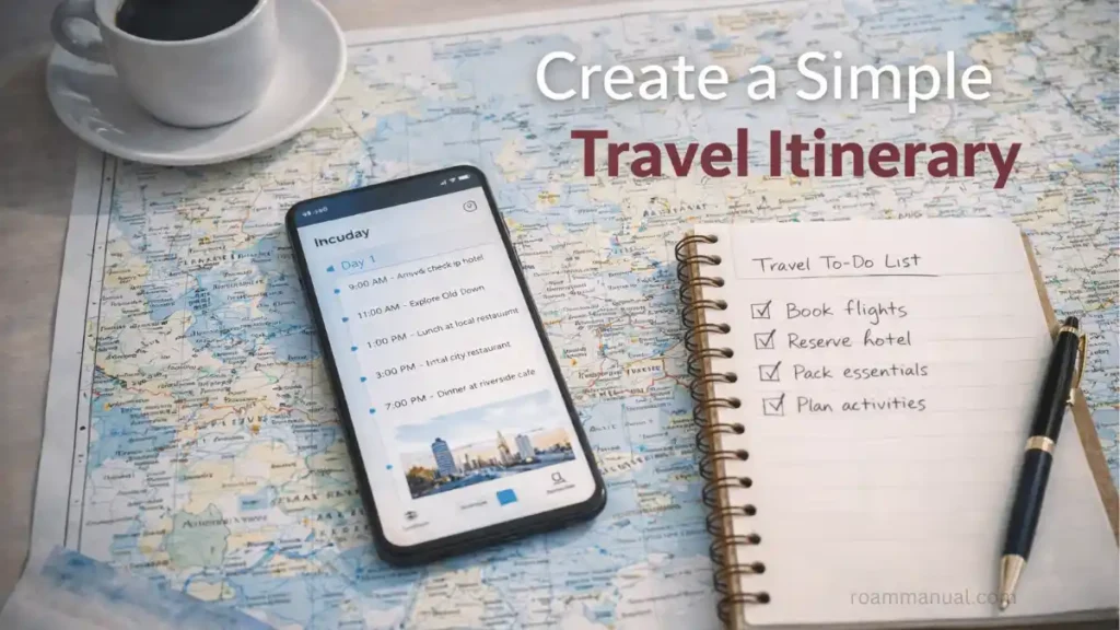 Travel itinerary planning with smartphone schedule, notebook, and map on desk