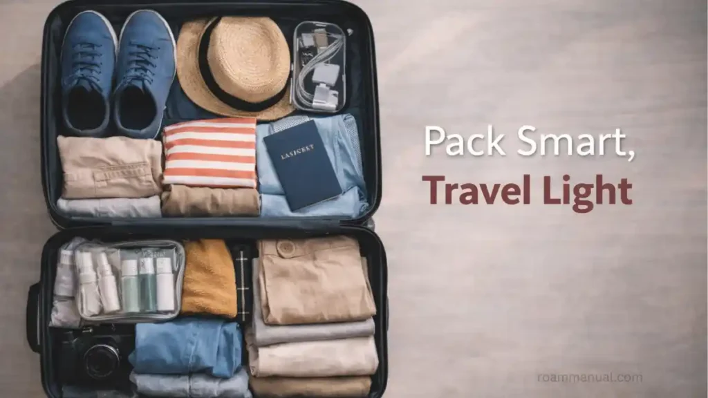 Travel packing with suitcase, clothes, and essentials neatly organized