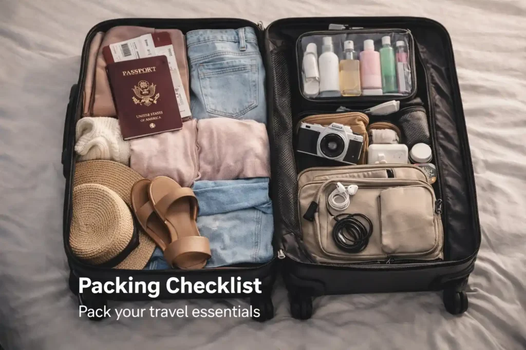 packing checklist suitcase organized travel essentials clothes and accessories
