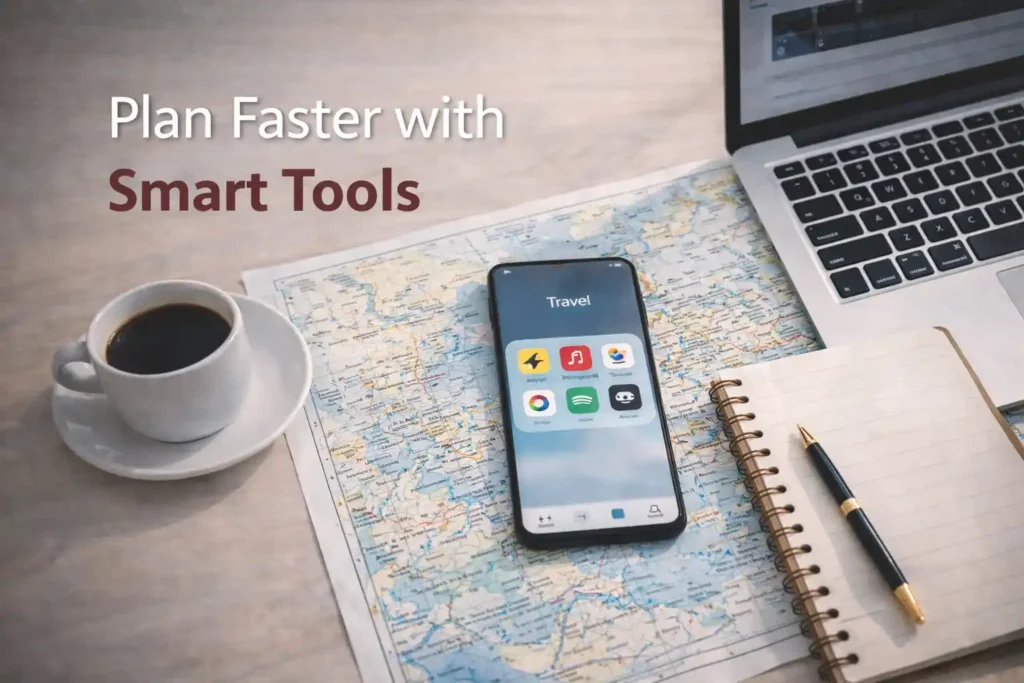 Travel planning tools with smartphone apps, laptop, and notebook on desk