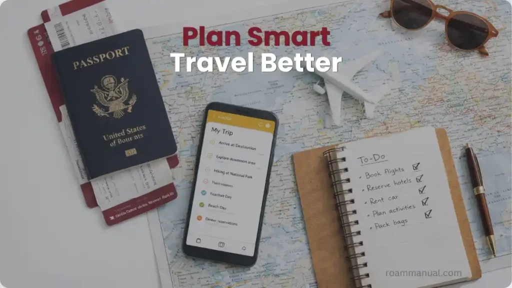 Organized travel planning setup with laptop, notebook, calendar, and map on desk