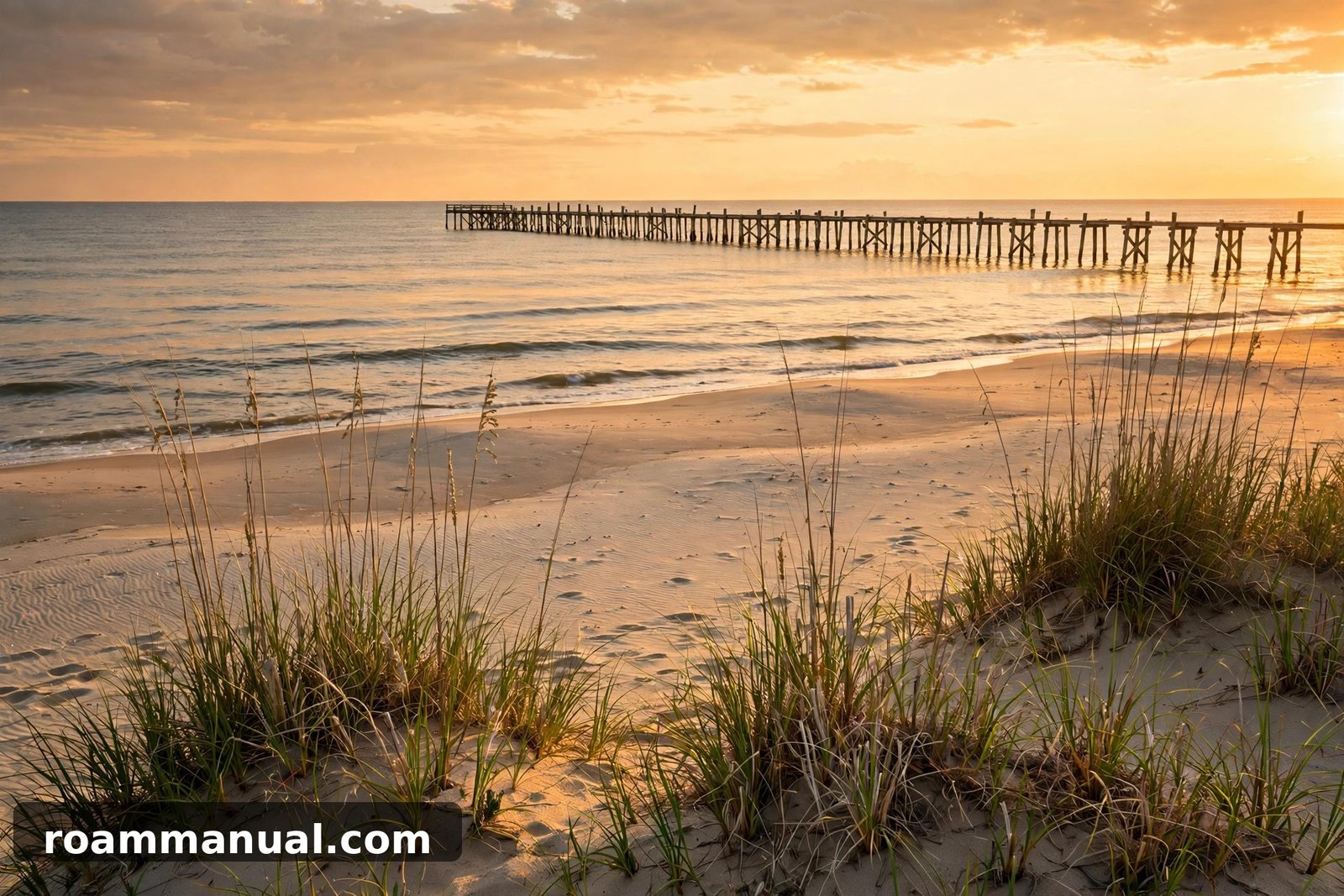 Quiet Atlantic beach with a wooden pier at golden hour near Charleston and Savannah