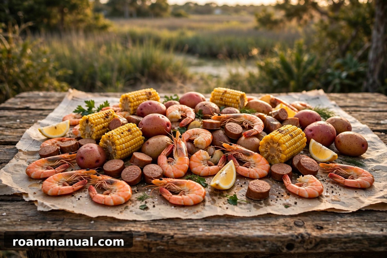 Lowcountry boil with shrimp, corn, and sausage on newspaper, Charleston vs Savannah food comparison