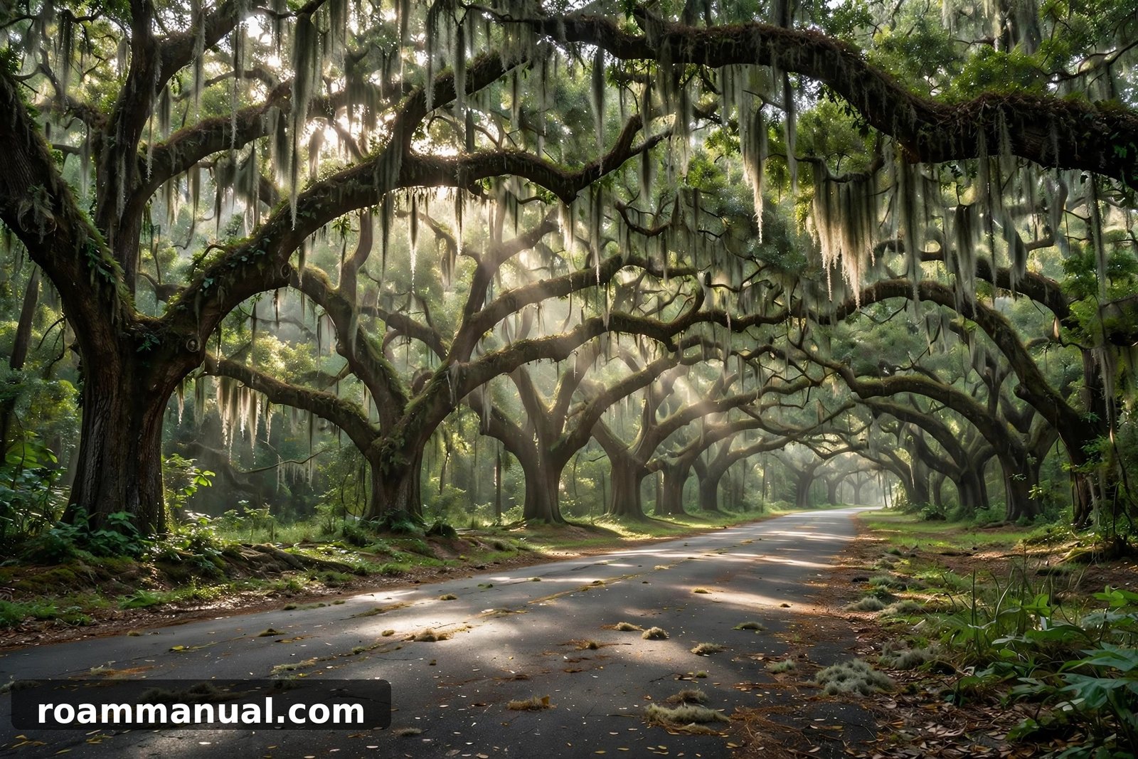 Live oak road draped in Spanish moss on the drive between Charleston and Savannah