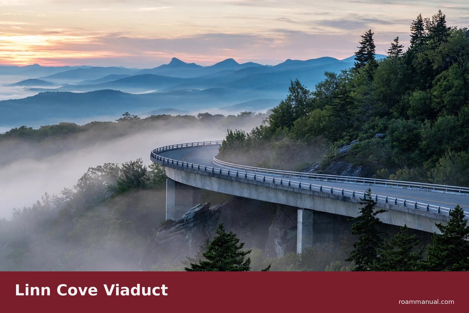 Linn Cove Viaduct curving around the mountain at sunrise on the Blue Ridge Parkway