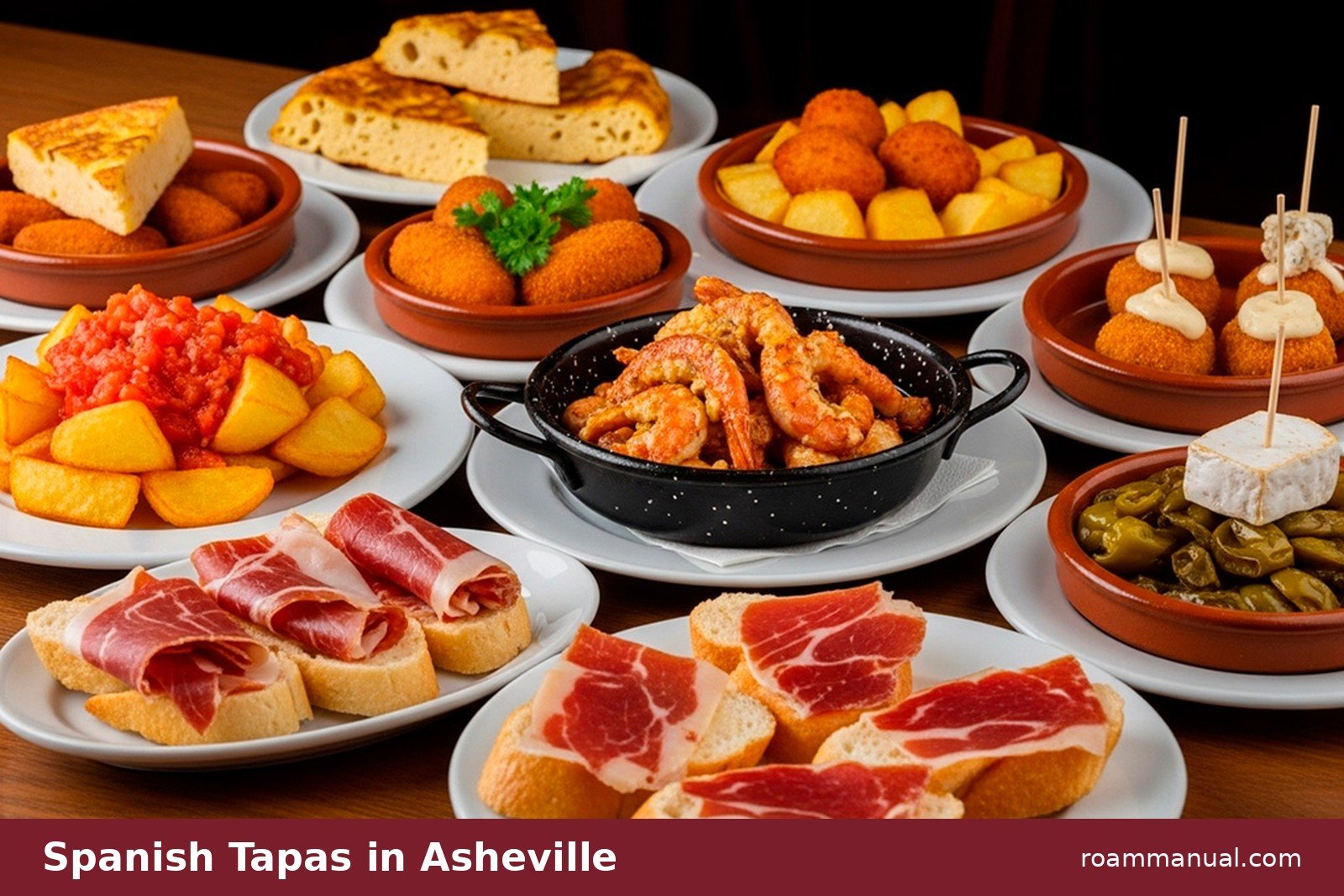 Spanish tapas spread with jamon on toast, garlic shrimp, patatas bravas, croquettes and tortilla at a restaurant table
