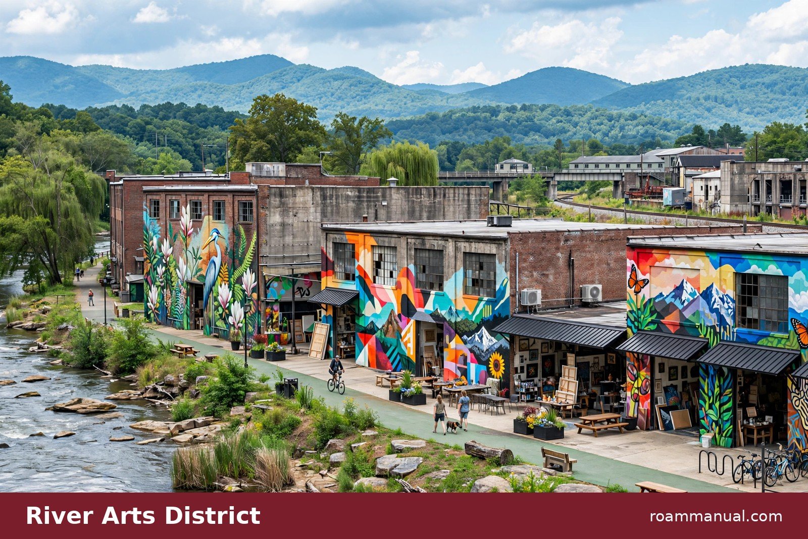 Colorful murals and art studios in Asheville's River Arts District