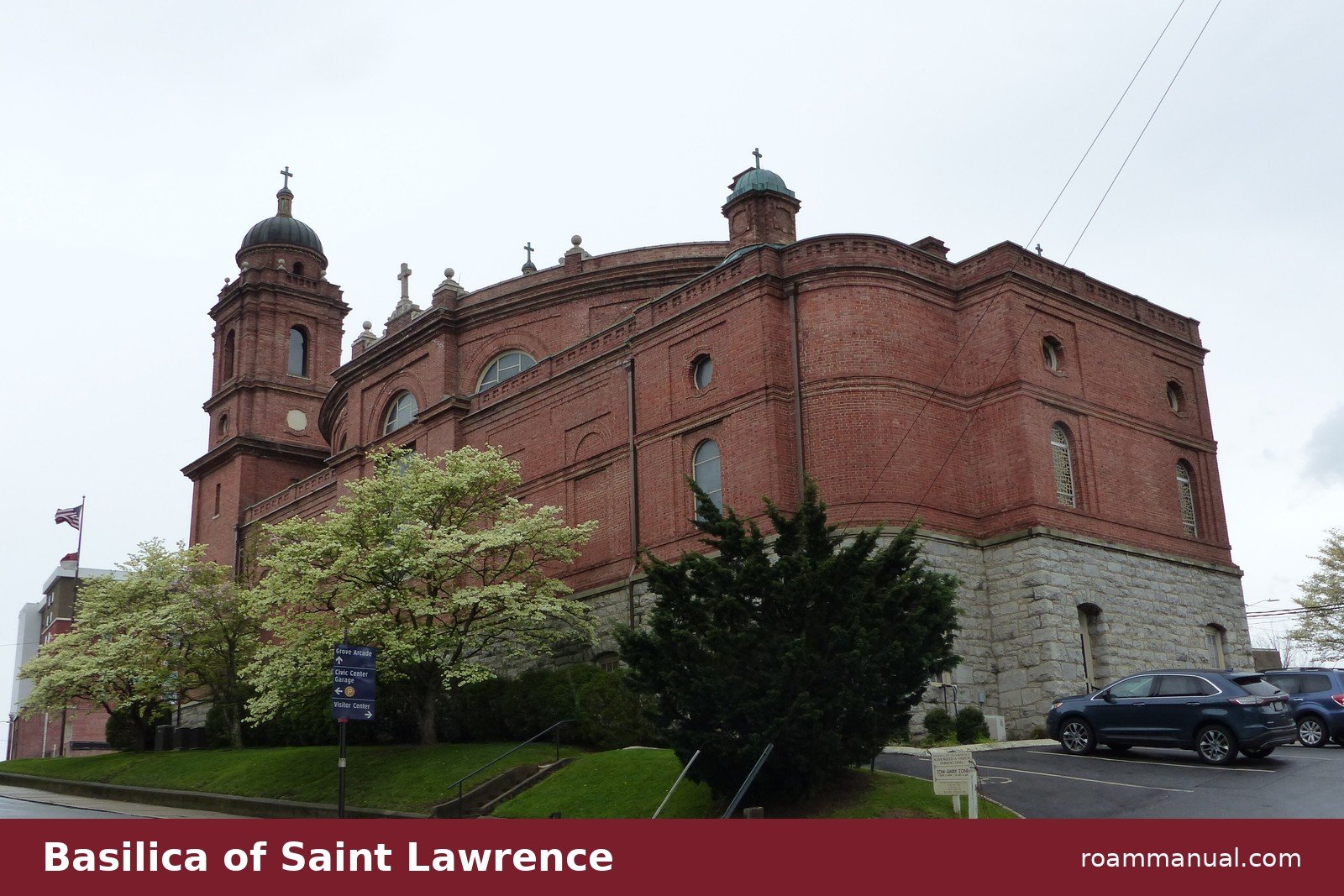 The red brick Basilica of Saint Lawrence with its dome and bell tower in downtown Asheville
