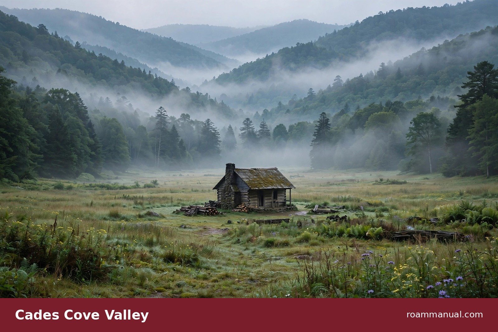 Historic cabin in Cades Cove valley with morning fog in the Great Smoky Mountains