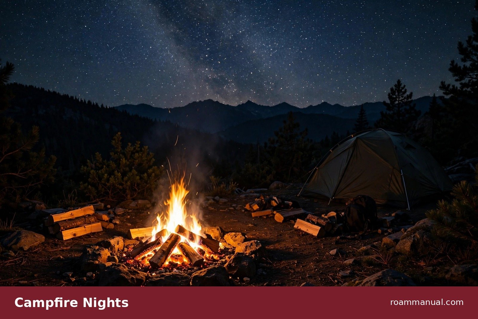 Campfire glowing at a Blue Ridge Parkway campsite under the night sky