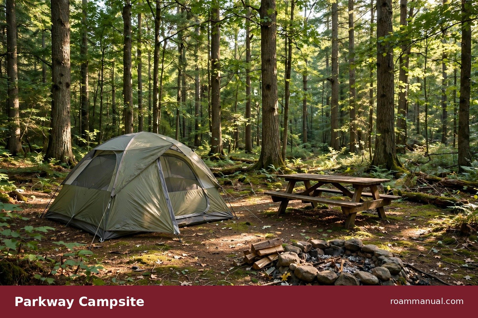 Tent campsite in the forest at a Blue Ridge Parkway campground