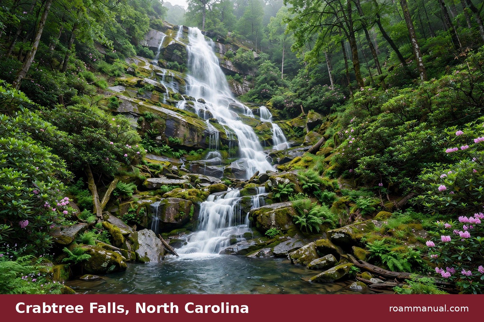 Crabtree Falls waterfall cascading down a rocky cliff in lush Blue Ridge Parkway forest, North Carolina