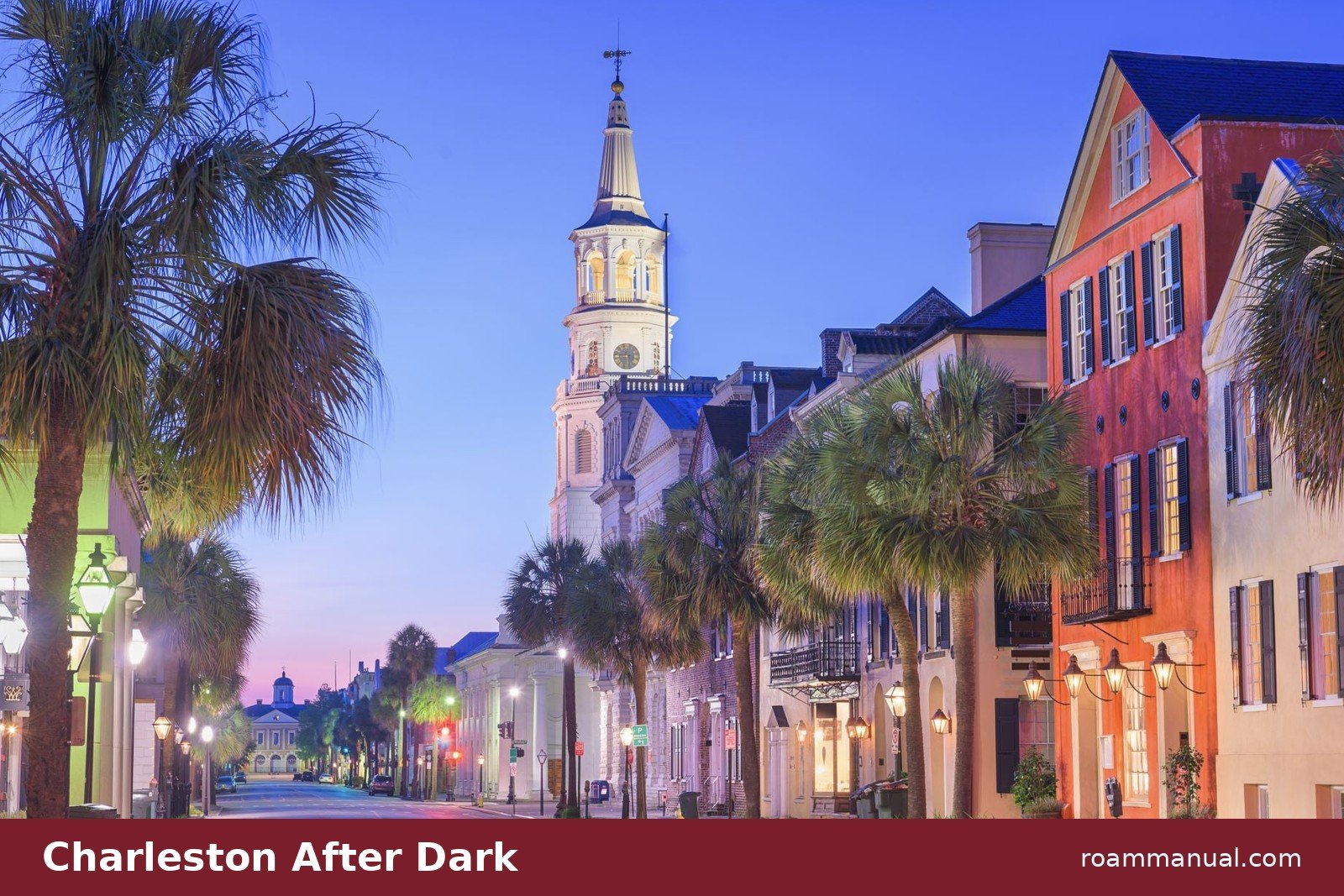 Historic Charleston street at dusk with gas lanterns lit, the kind of street evening ghost tours explore