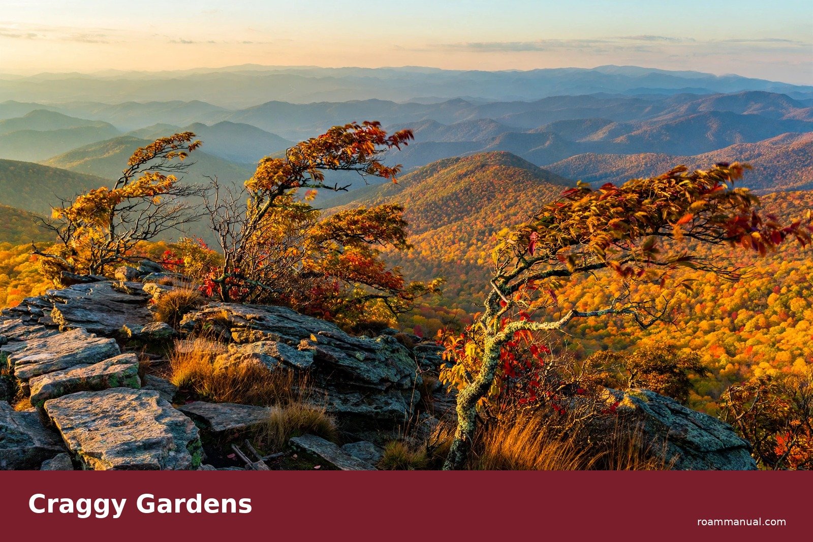 Craggy Gardens rocky overlook with fall foliage and layered mountain ridges