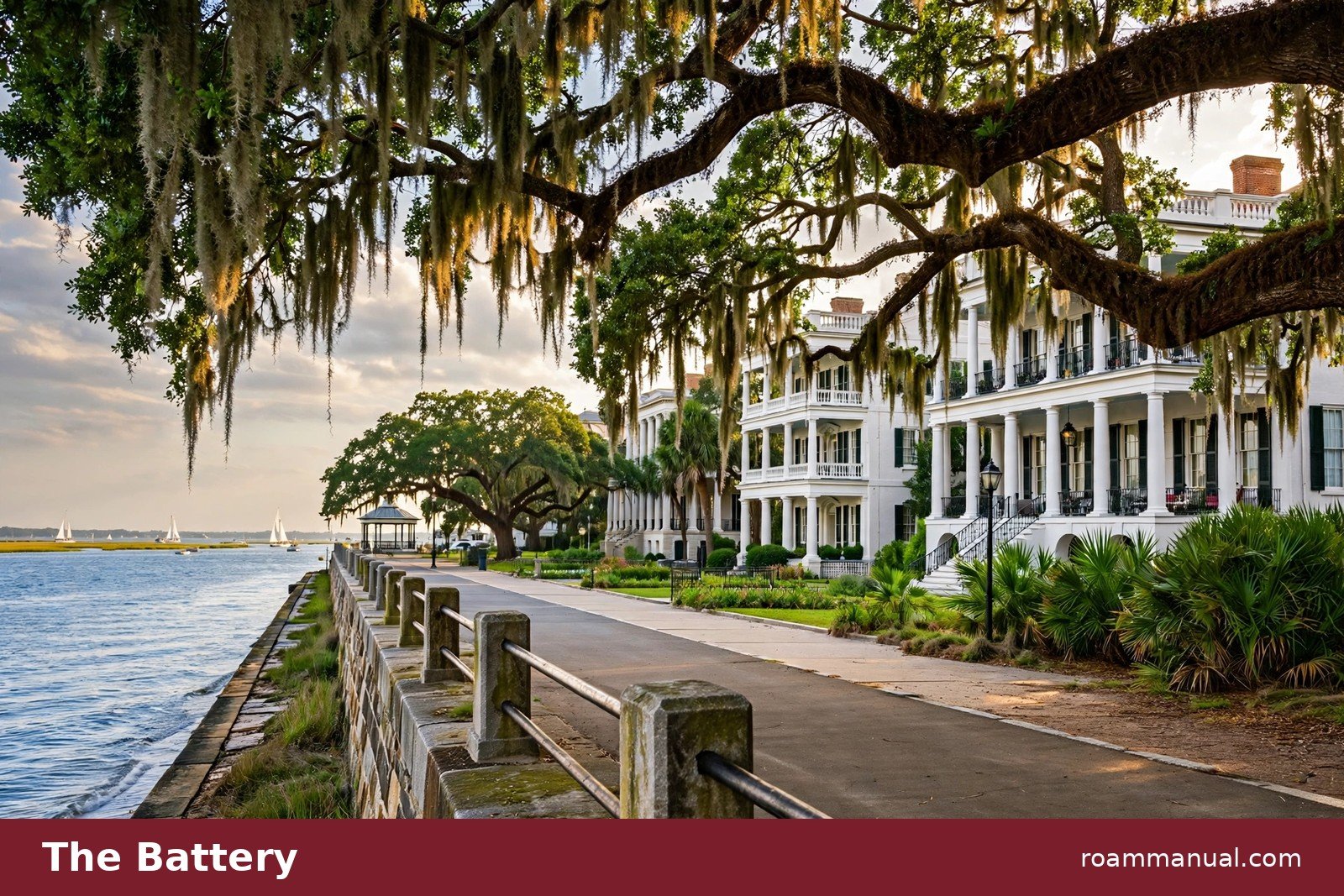 Historic mansions and live oak trees along the Battery promenade in Charleston, South Carolina