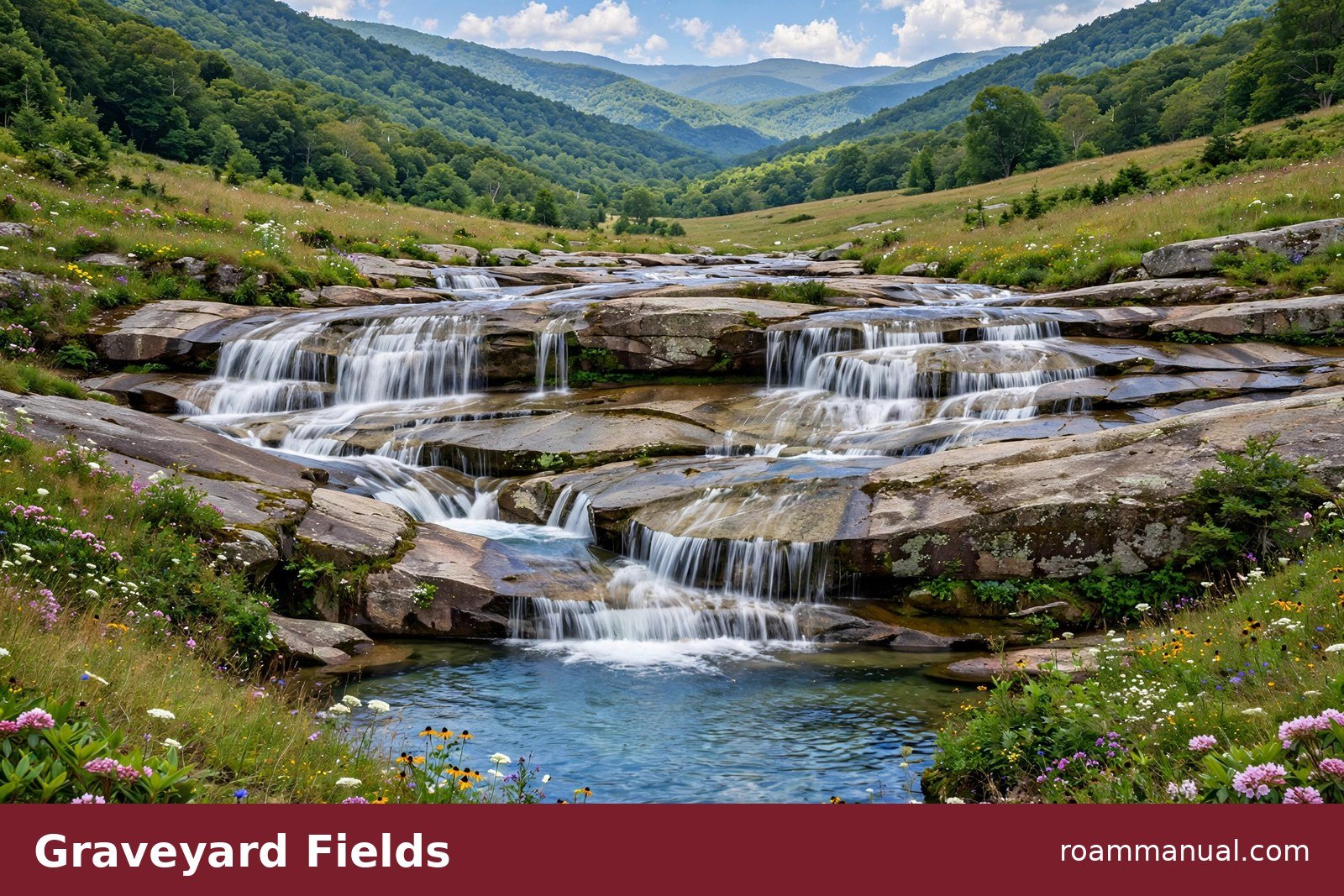 Graveyard Fields Lower Falls with wide cascades on the Blue Ridge Parkway