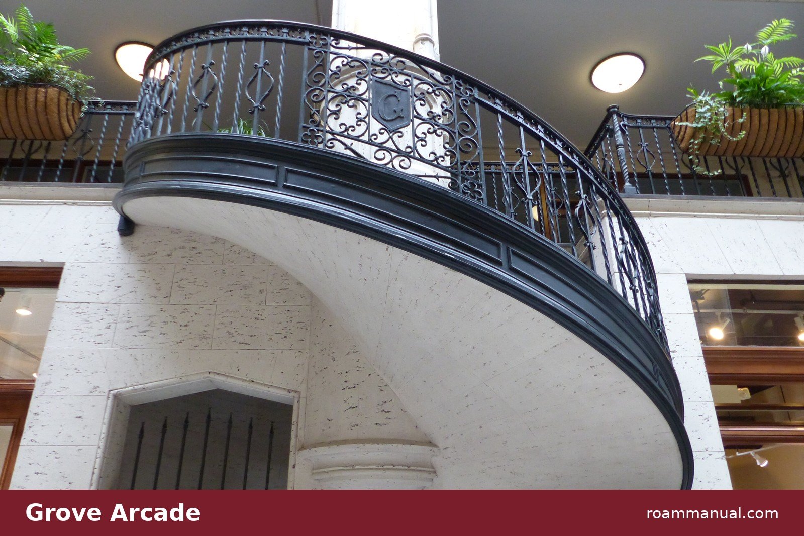 The wrought iron spiral staircase inside the Grove Arcade in downtown Asheville