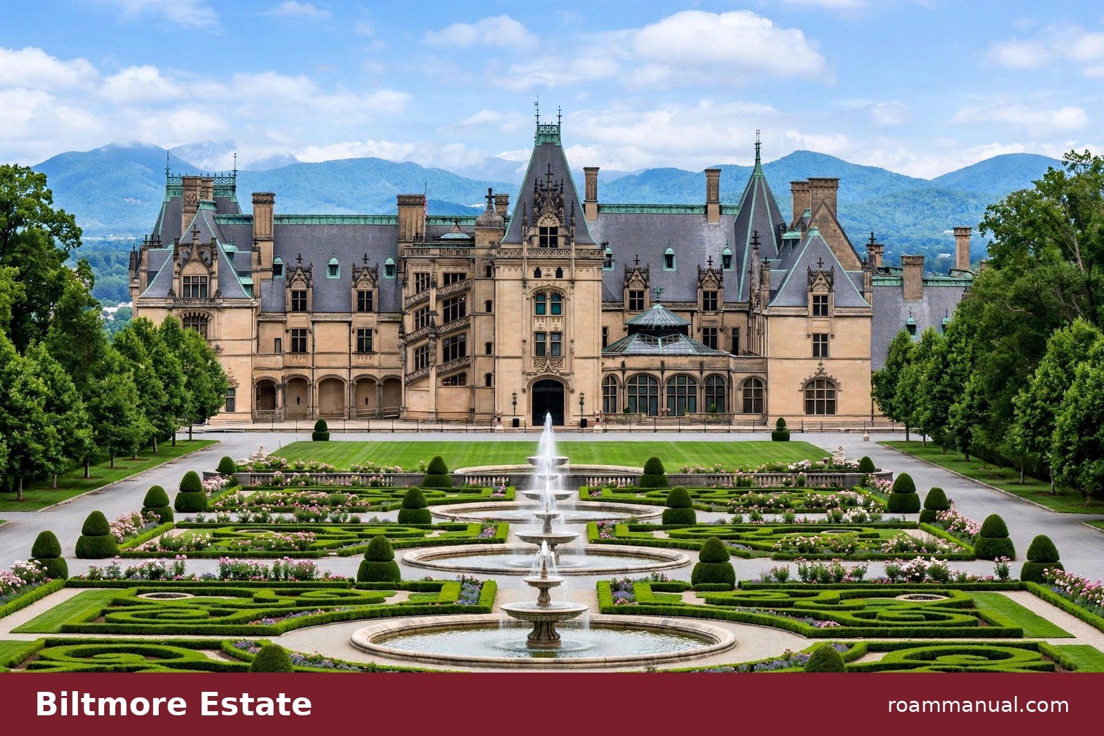 The front facade of the Biltmore Estate in Asheville, North Carolina, with manicured gardens in the foreground