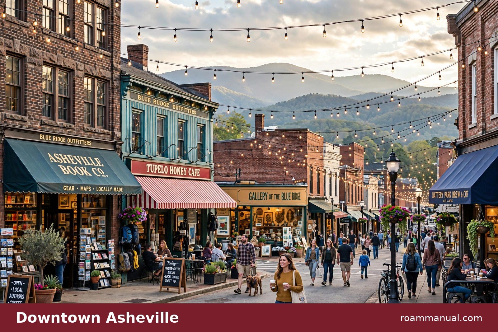 Downtown Asheville street with historic buildings and shops open for visitors in 2026
