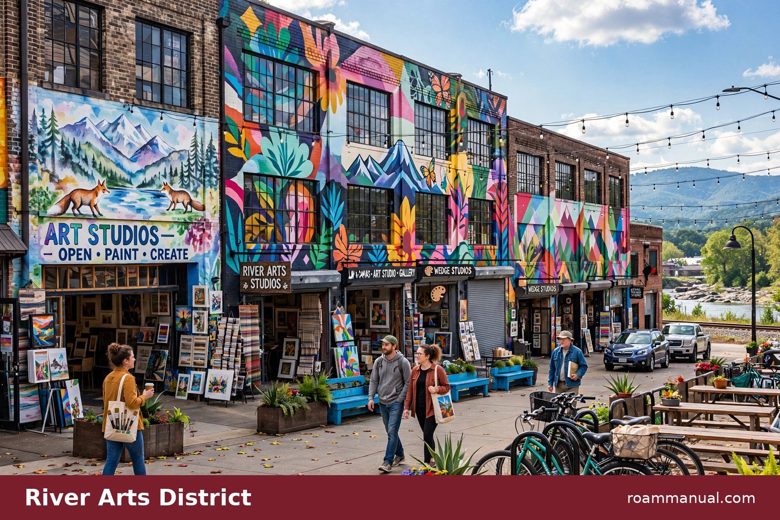 River Arts District studios along the French Broad River with galleries reopening after Hurricane Helene