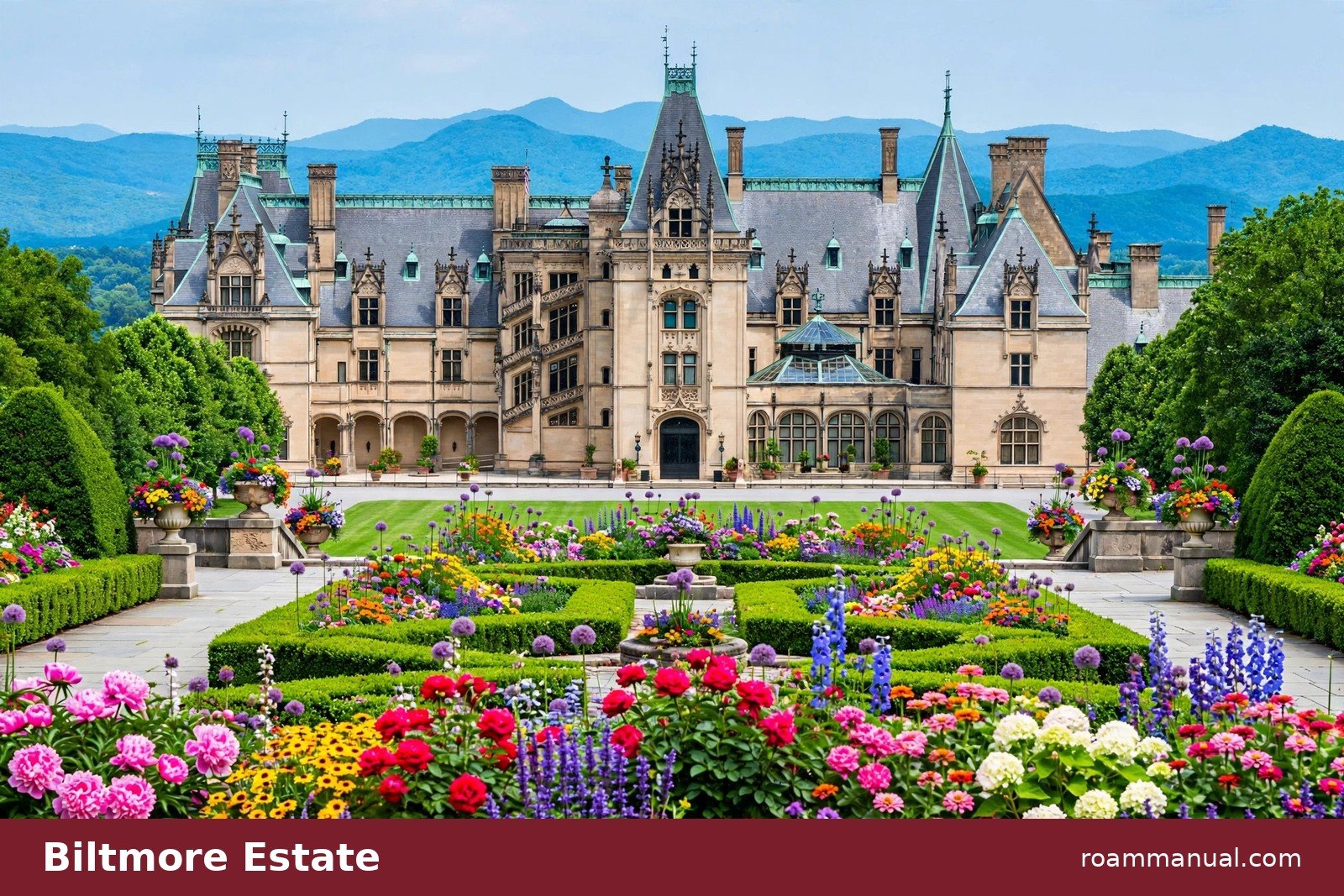 The Biltmore Estate mansion with manicured gardens and fountains in Asheville, North Carolina
