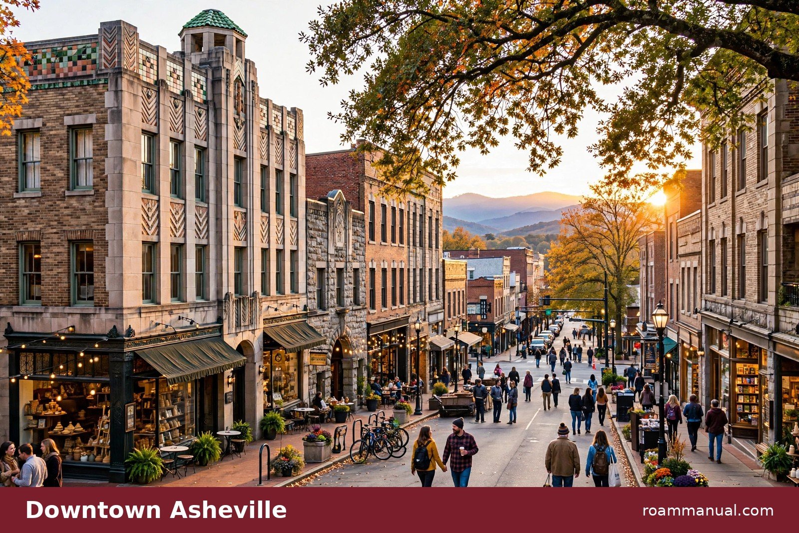 Historic downtown Asheville street with art deco buildings, shops, and cafes on a sunny day