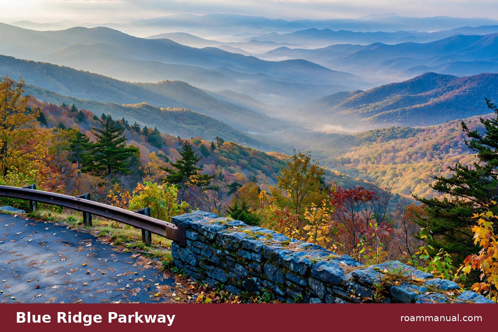 Blue Ridge Parkway winding through the mountains near Asheville with fall color on the ridges