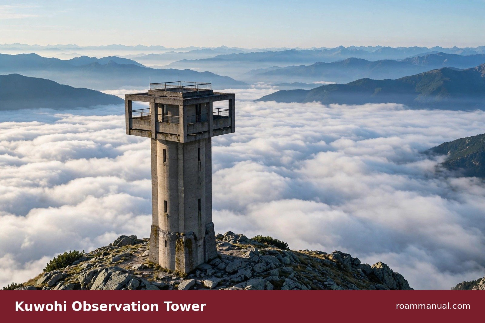 Observation tower on Kuwohi summit rising above clouds in the Great Smoky Mountains