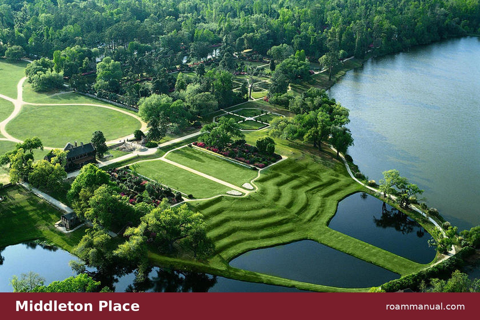 Aerial view of the terraced gardens and Butterfly Lakes at Middleton Place, beside the Ashley River