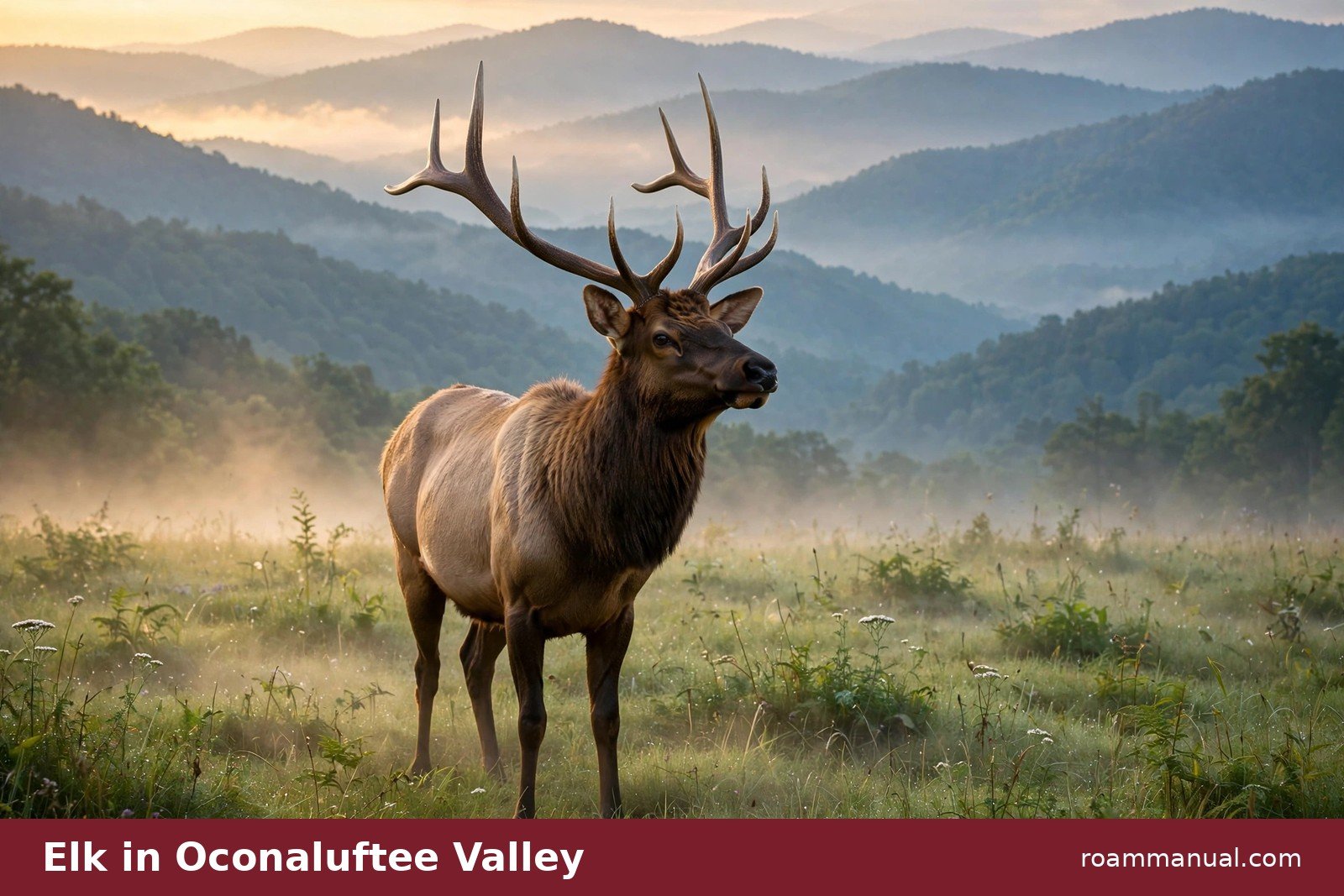 Elk standing in a grassy meadow at dawn in Oconaluftee Valley with mountain ridges behind