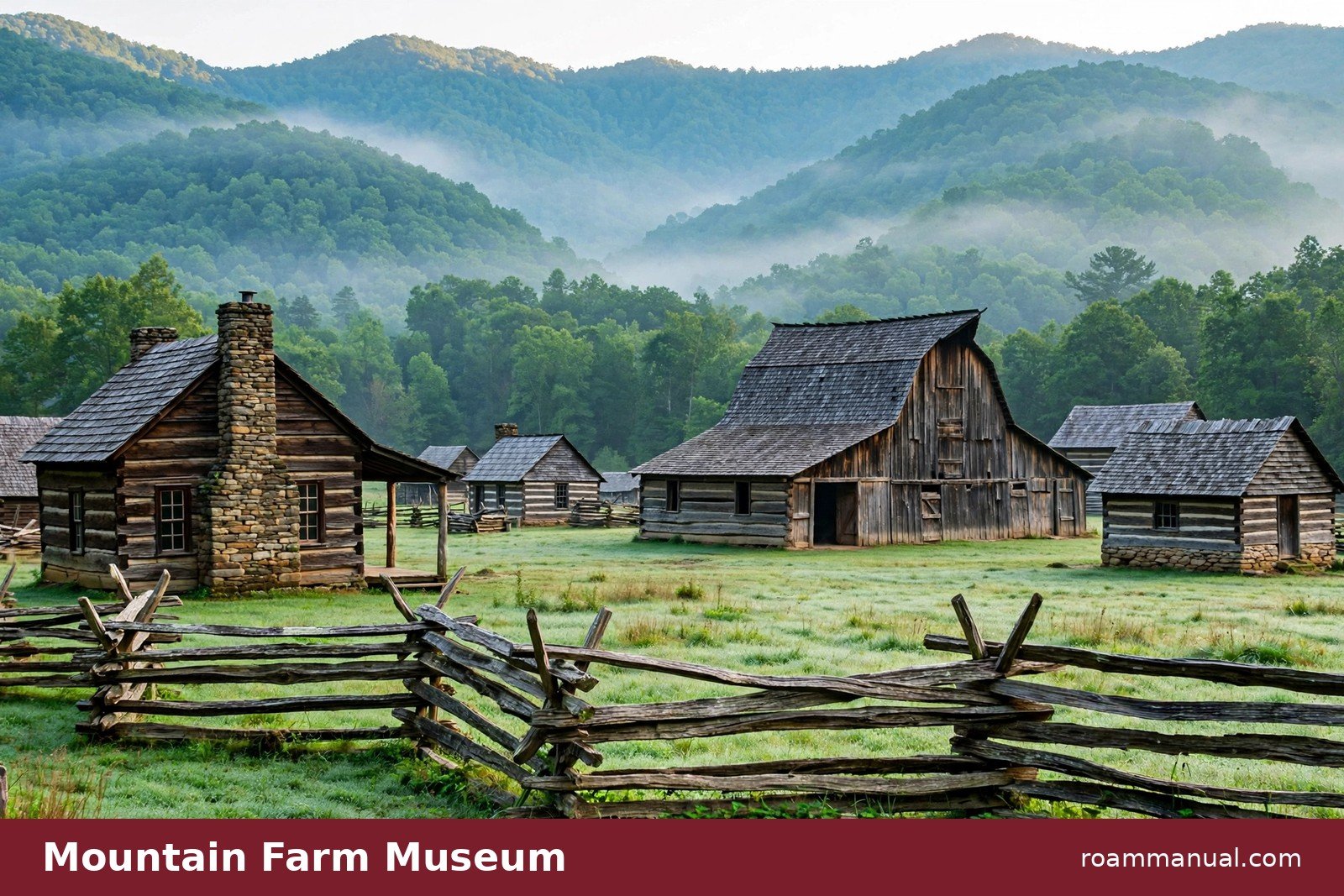 Historic log cabins and timber barn at the Mountain Farm Museum near the Oconaluftee Visitor Center