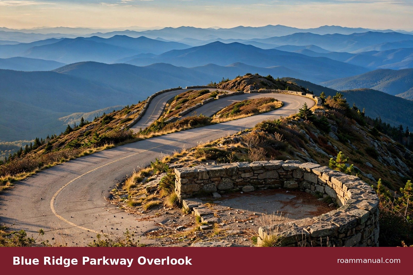 Blue Ridge Parkway curving along a ridge with layered mountain views from an overlook