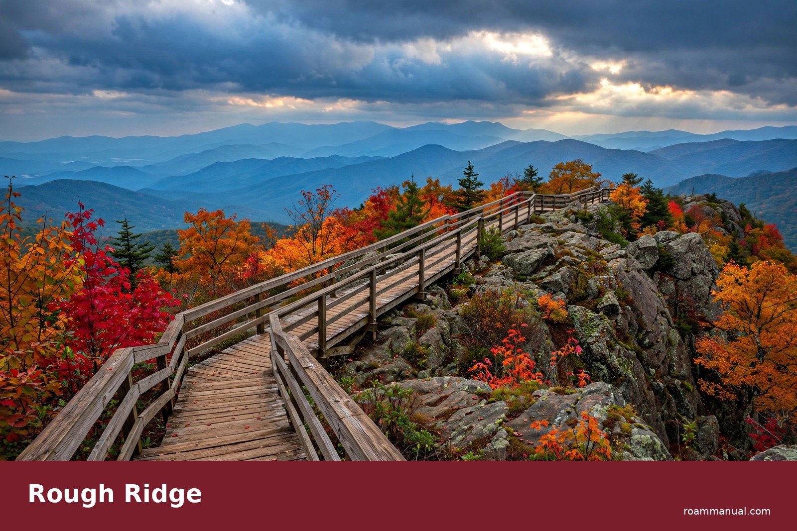Rough Ridge boardwalk with bright red and orange fall foliage on the Blue Ridge Parkway