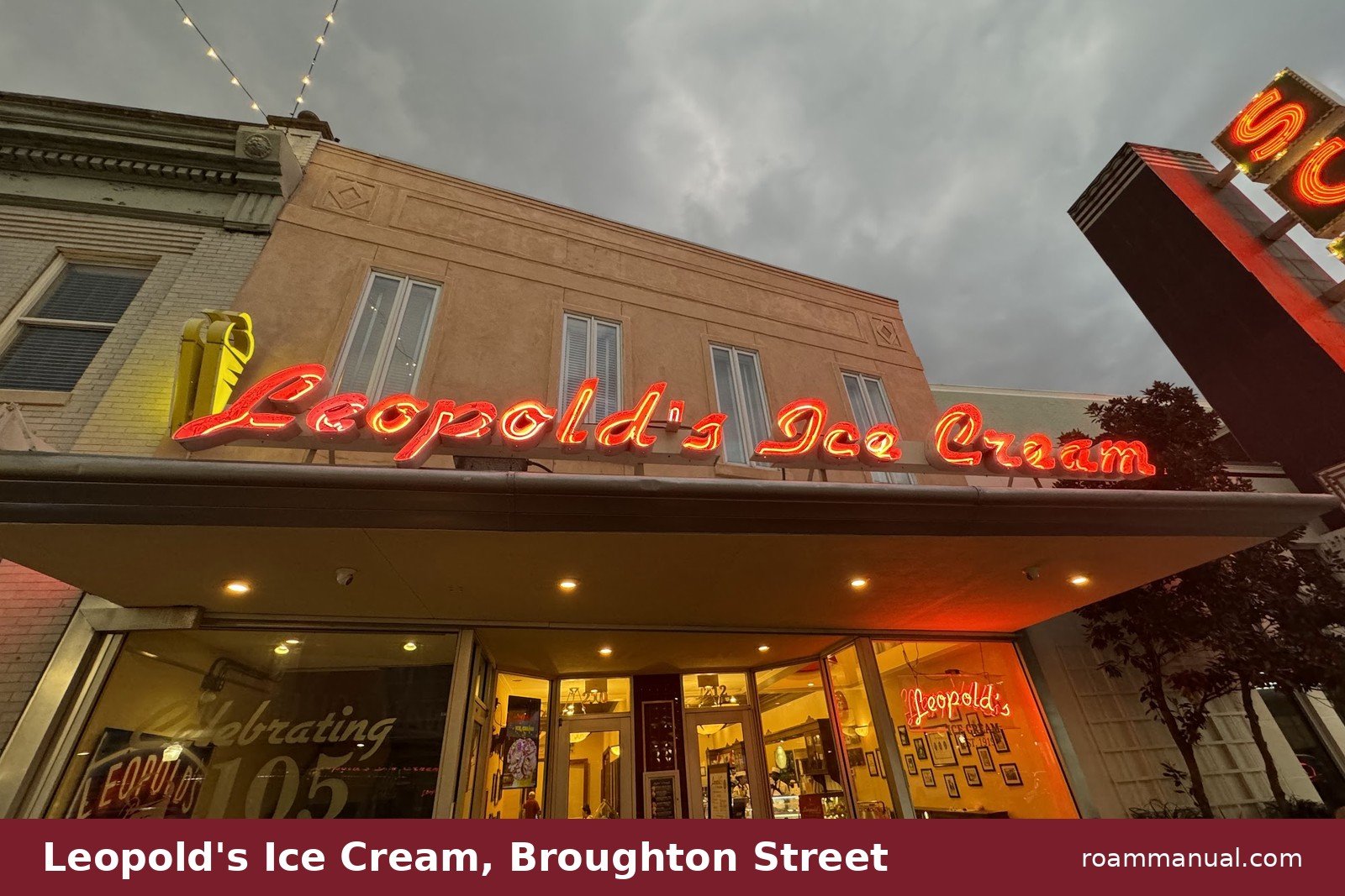 The neon sign at Leopold's Ice Cream on Broughton Street in Savannah