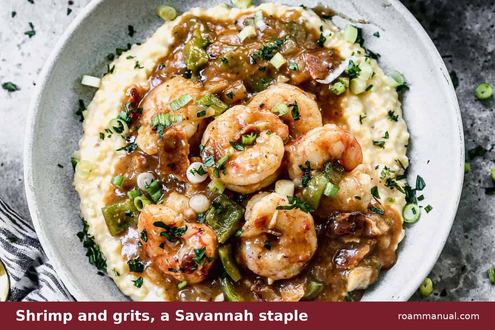 A bowl of shrimp and grits, a classic Savannah dish
