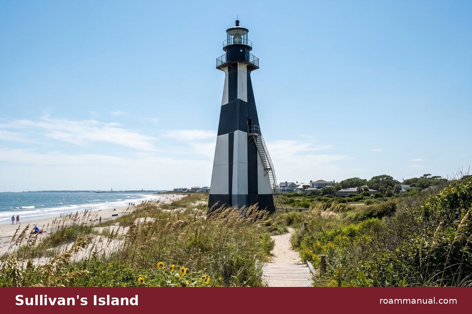 Charleston Light, the black and white triangular lighthouse on Sullivan's Island beach