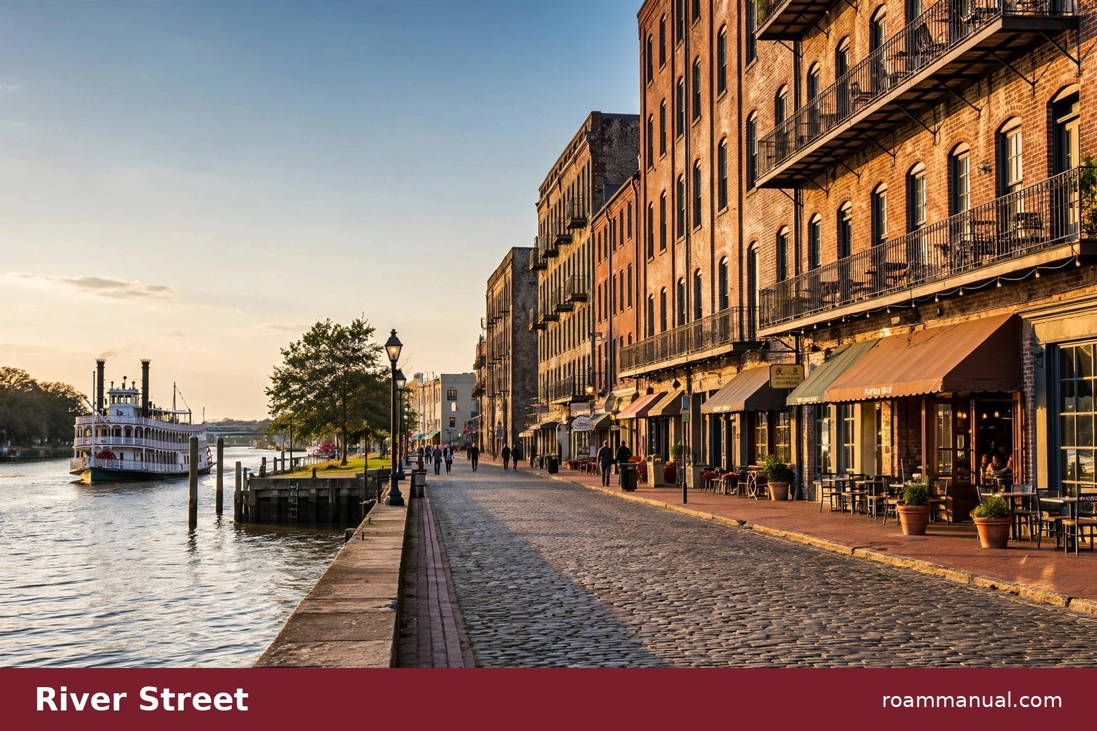 Cobblestone River Street along the Savannah River with a passing riverboat