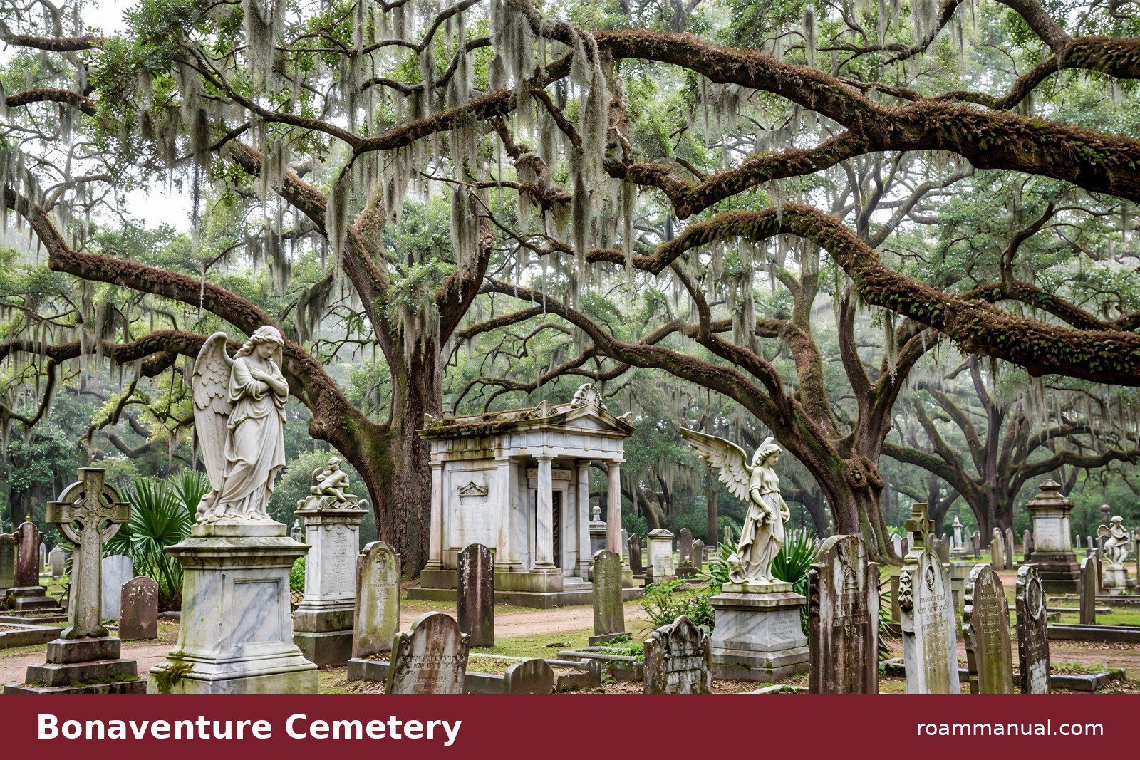 Victorian sculptures at Bonaventure Cemetery beneath moss-draped live oaks