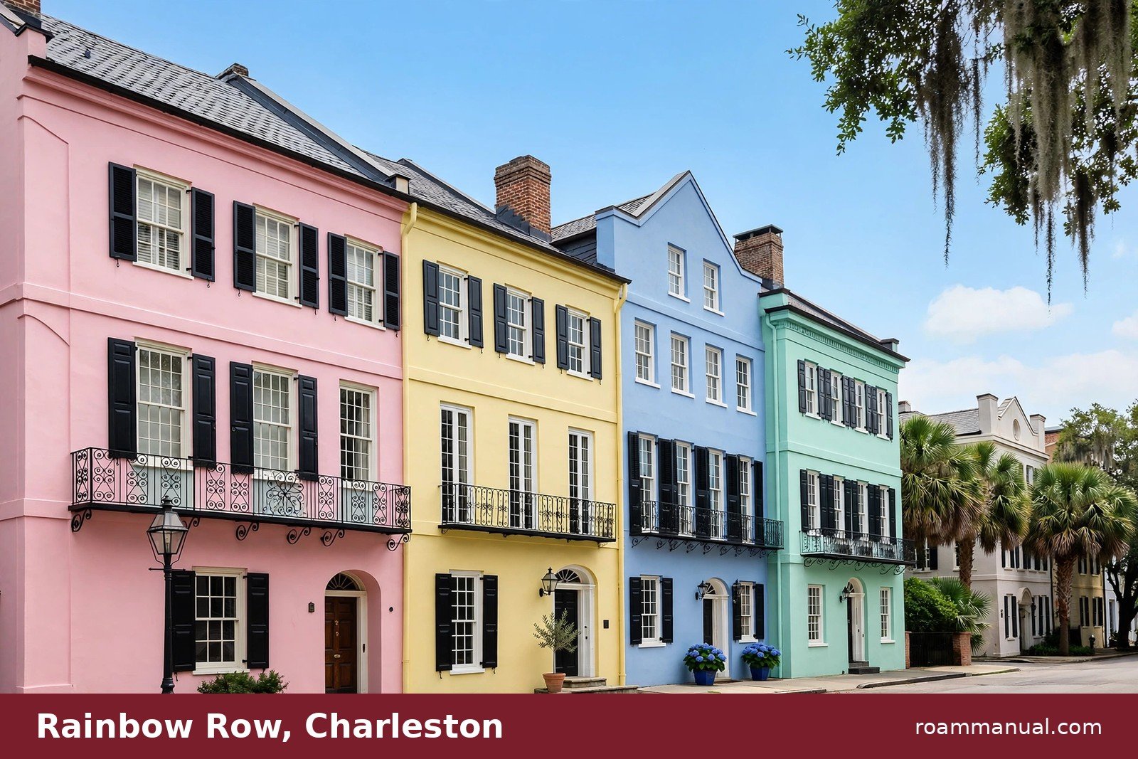 Rainbow Row's colorful historic houses in Charleston, South Carolina