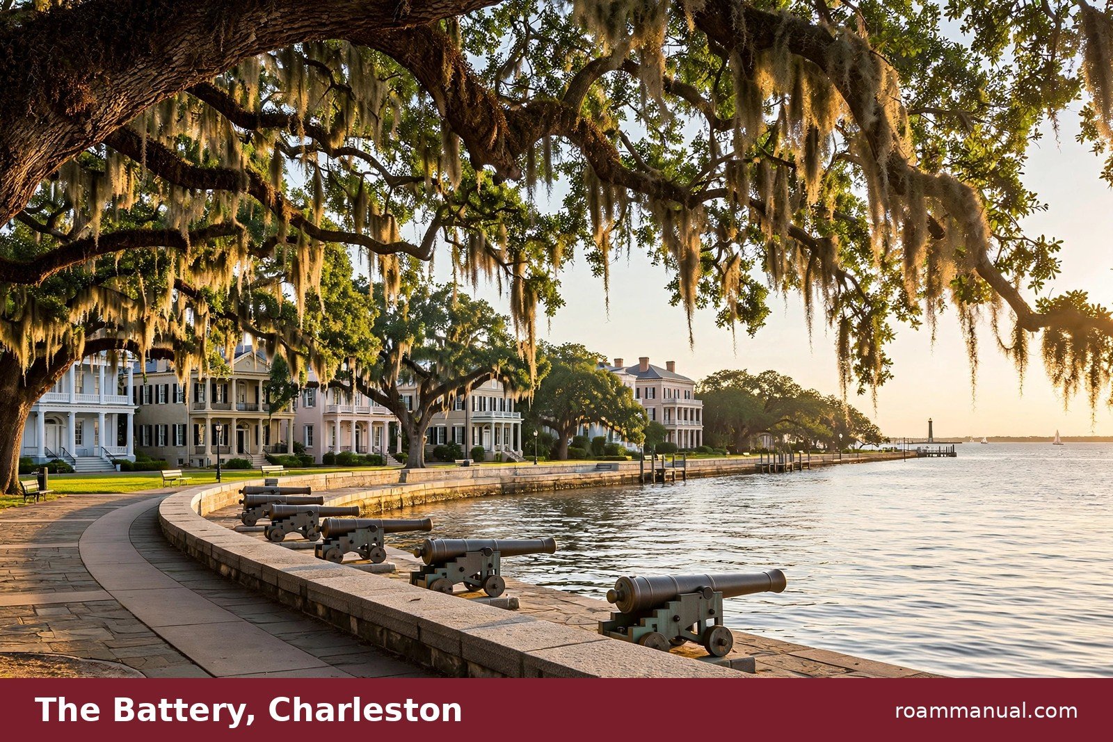 The Battery promenade in Charleston with historic mansions and live oaks overlooking the harbor